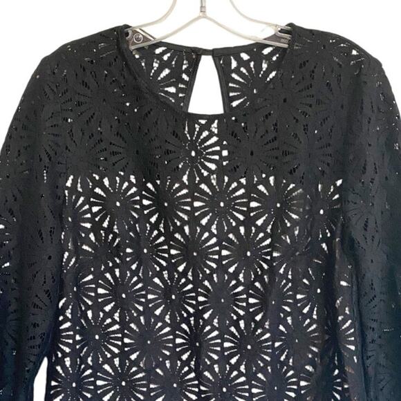 Trina Turk‎ Wilson Black Lace 3/4 Sleeves Blouse Top Black Cream M - Picture 7 of 15
